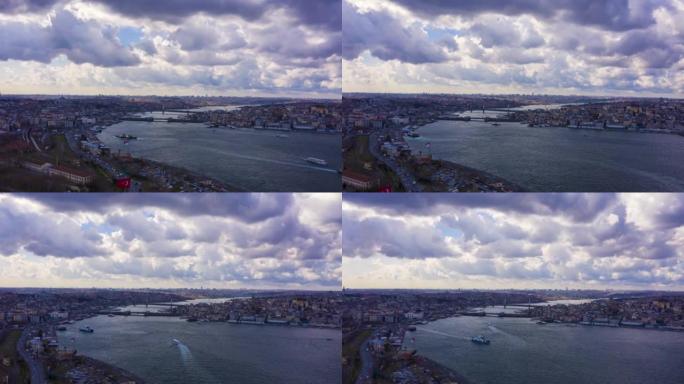 伊斯坦布尔市阴天和金角湾。鸟瞰图