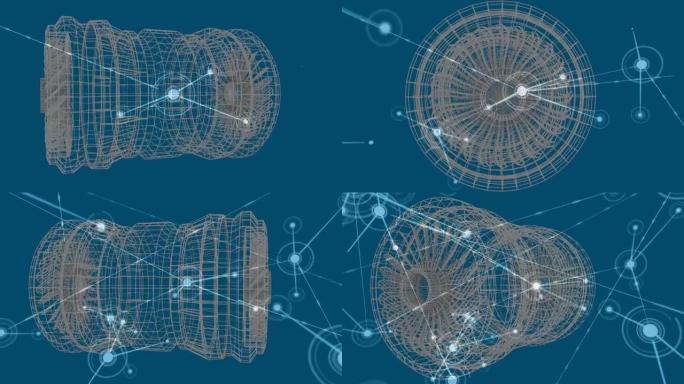 蓝色背景上3d圆柱形状模型的连接网络数字动画