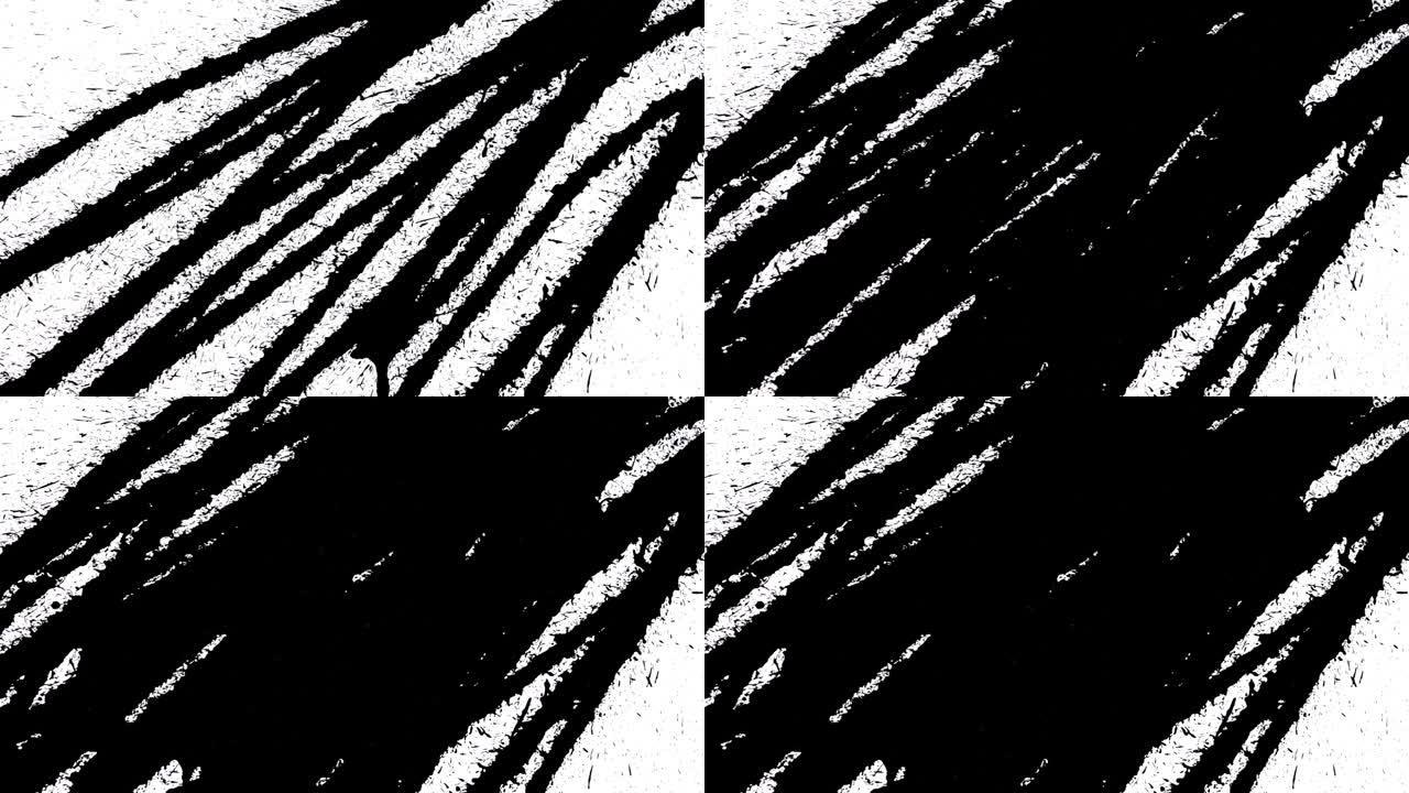 在白色背景上洒黑色油漆。墨水喷雾以抽象线条和图案的形式散布在白色表面上。黑色水彩涂料流。特写。慢动作
