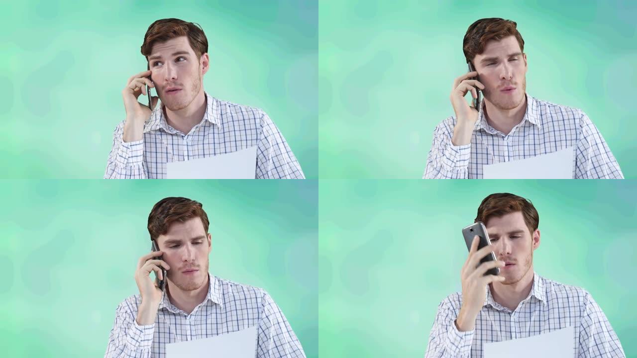 男子坐在智能手机上谈论文件的动画，淡绿色背景