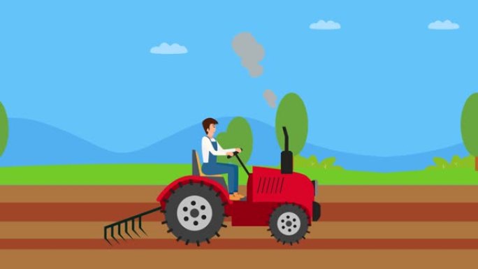 男性农民用拖拉机耕种农田