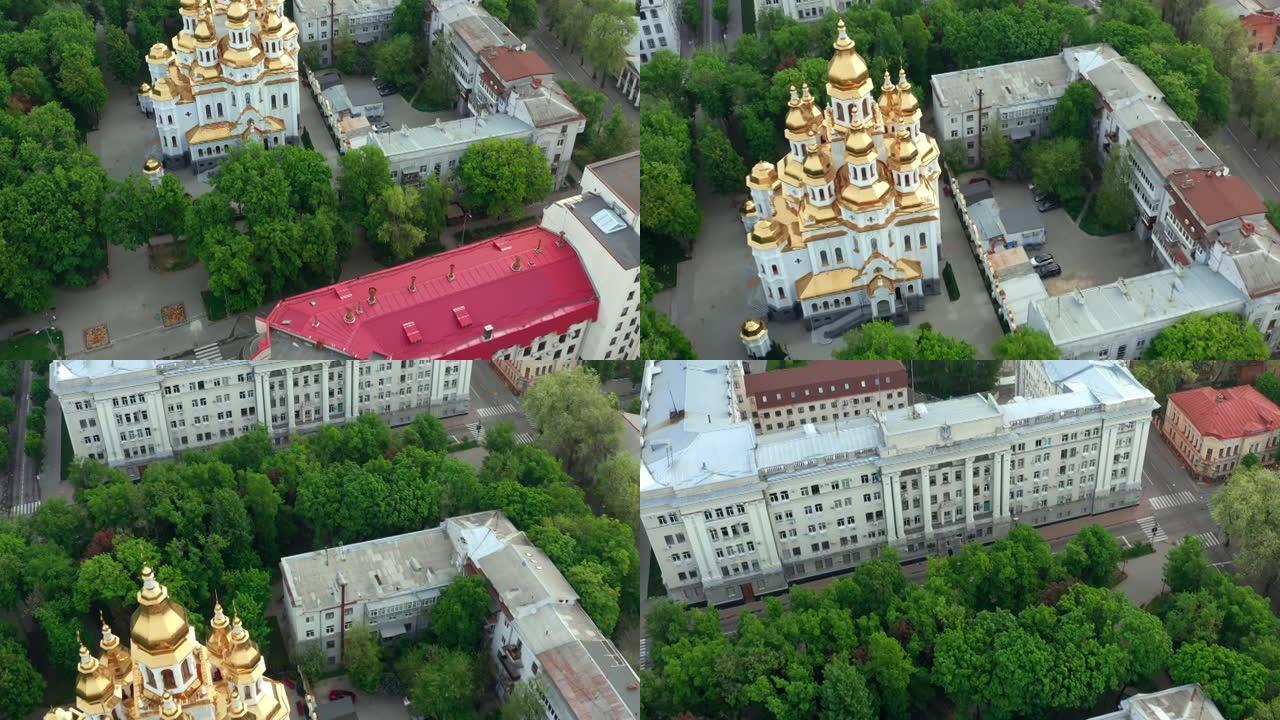 春季城市住宅建筑中的东正教教堂-空中射击