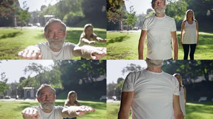 公园里的老人去参加运动。白发苍苍的老人男人和女人伸着双臂蹲着。
