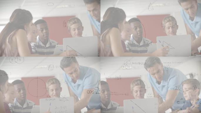 数学方程式漂浮在使用笔记本电脑教学生的白人男老师上