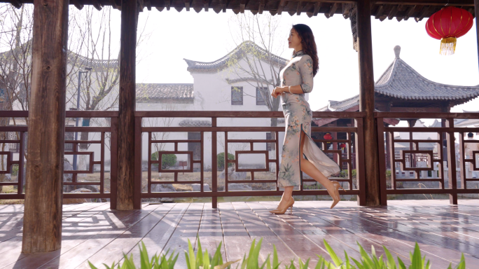 旗袍美女-江南园林-中式建筑