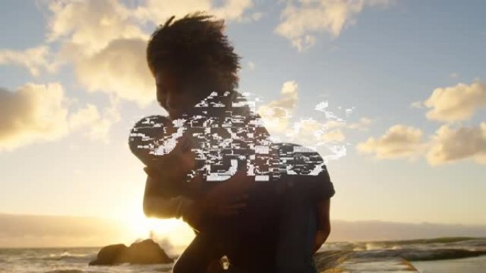 在海滩上幸福的夫妇身上白色字母的共鸣动画