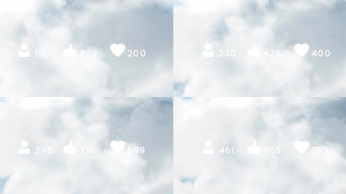 在云和天空上生长的社交媒体图标和数字的动画