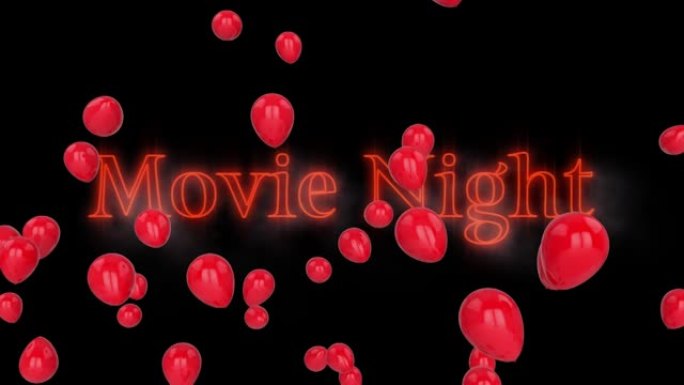 文字电影之夜动画，黑色背景上有红色气球的红色霓虹灯字母