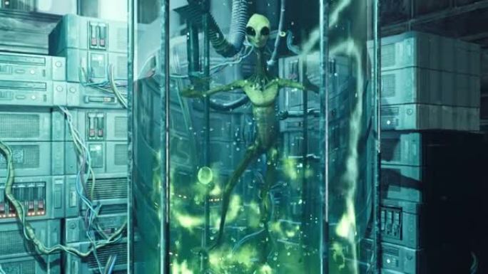 在未来主义实验室的一个特殊的玻璃水族馆中，一个外星人漂浮在绿色的潺潺液体中。该动画是为外星人，科幻或