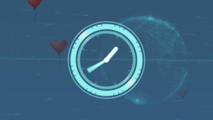时钟在红色的心脏和地球仪上的动画，带有蓝色的发光网络
