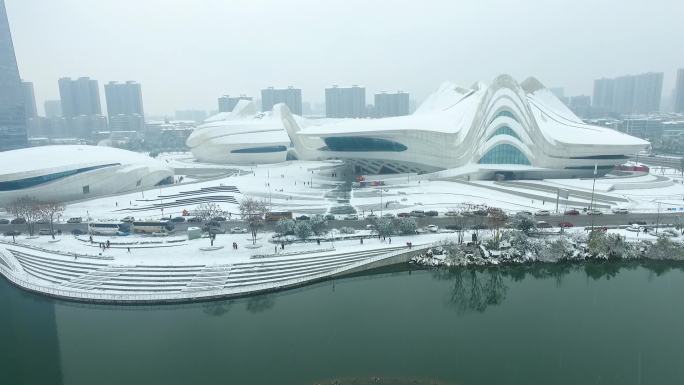 航拍 大景  梅溪湖 雪景 长沙大剧院