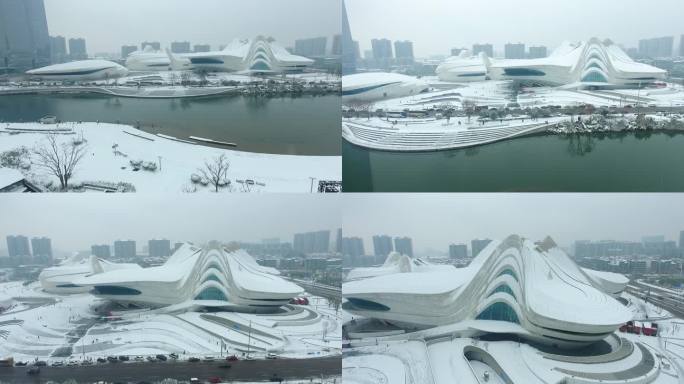 航拍 大景  梅溪湖 雪景 长沙大剧院