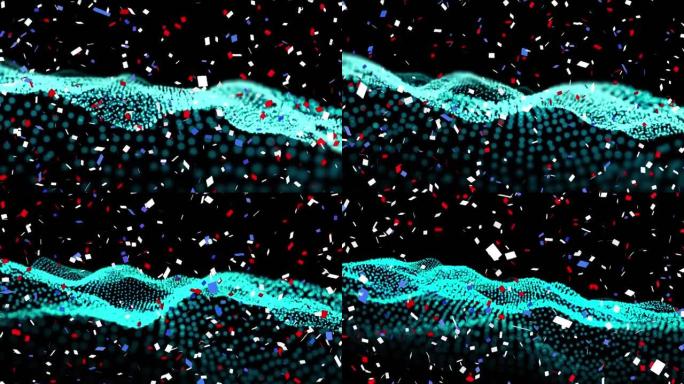 数字动画的五彩纸屑落在绿色数字波对黑色的背景