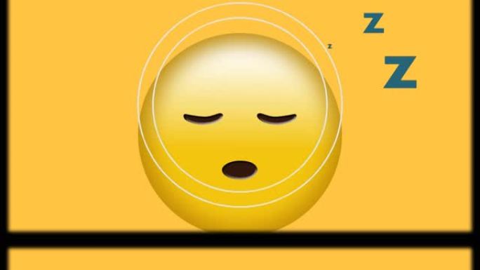 黄色背景上昏昏欲睡的表情符号上的电影卷轴效果的数字动画