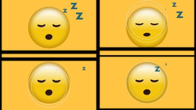黄色背景上昏昏欲睡的表情符号上的电影卷轴效果的数字动画