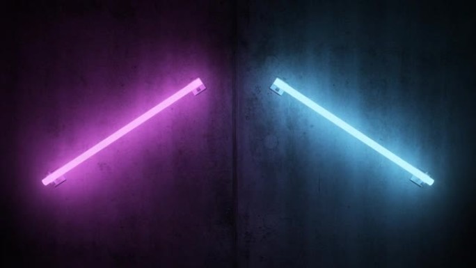闪烁的霓虹灯管在混凝土墙上闪烁蓝色和粉红色的灯-4k无缝VJ循环运动背景动画