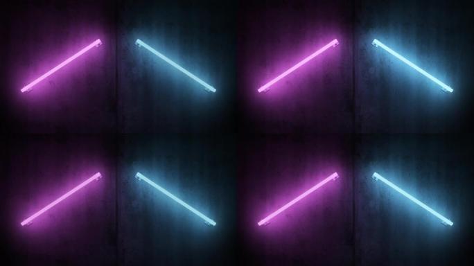 闪烁的霓虹灯管在混凝土墙上闪烁蓝色和粉红色的灯-4k无缝VJ循环运动背景动画