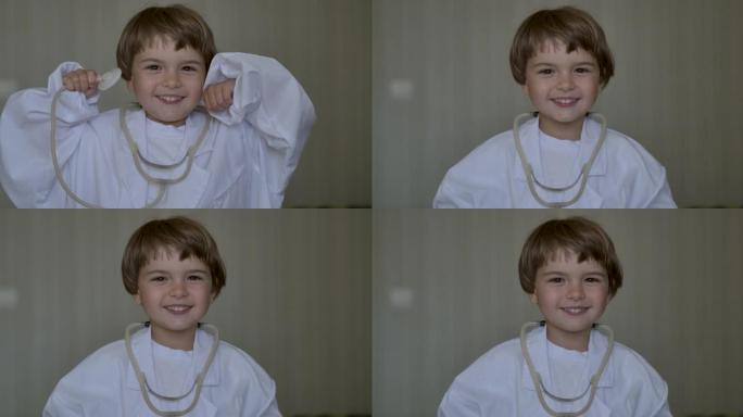 肖像可爱的小男孩穿着医疗制服在家医院玩耍。创意有趣的小男孩穿着医疗制服听诊器玩游戏当医生，假装医生护
