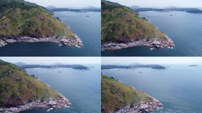 从倾斜的无人机上方俯瞰普吉岛令人惊叹的海滨美丽的大海鸟瞰热带海洋无人机摄像机拍摄的高质量镜头