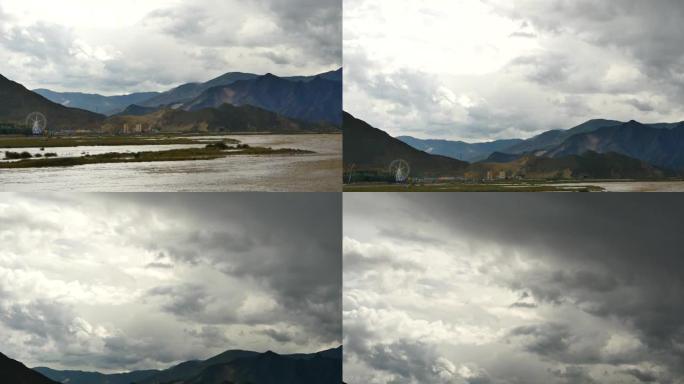 4k拉萨河与遥远的城市建筑，乌云笼罩西藏