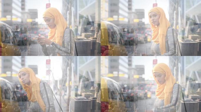 亚洲妇女戴着头巾在城市风景上搭出租车的动画