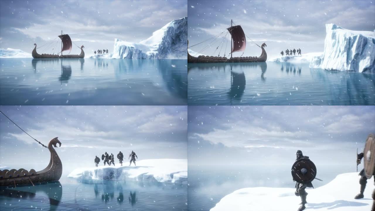 无畏的维京人站在他们的战舰旁边，在冰川上，准备战斗。维京战舰在冬天的情况下。这部动画非常适合历史、战