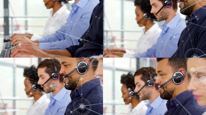 办公室中使用耳机的商务人员连接网络动画