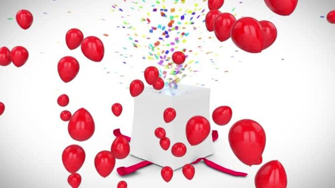 白色礼品盒开口释放彩色五彩纸屑的红色气球动画