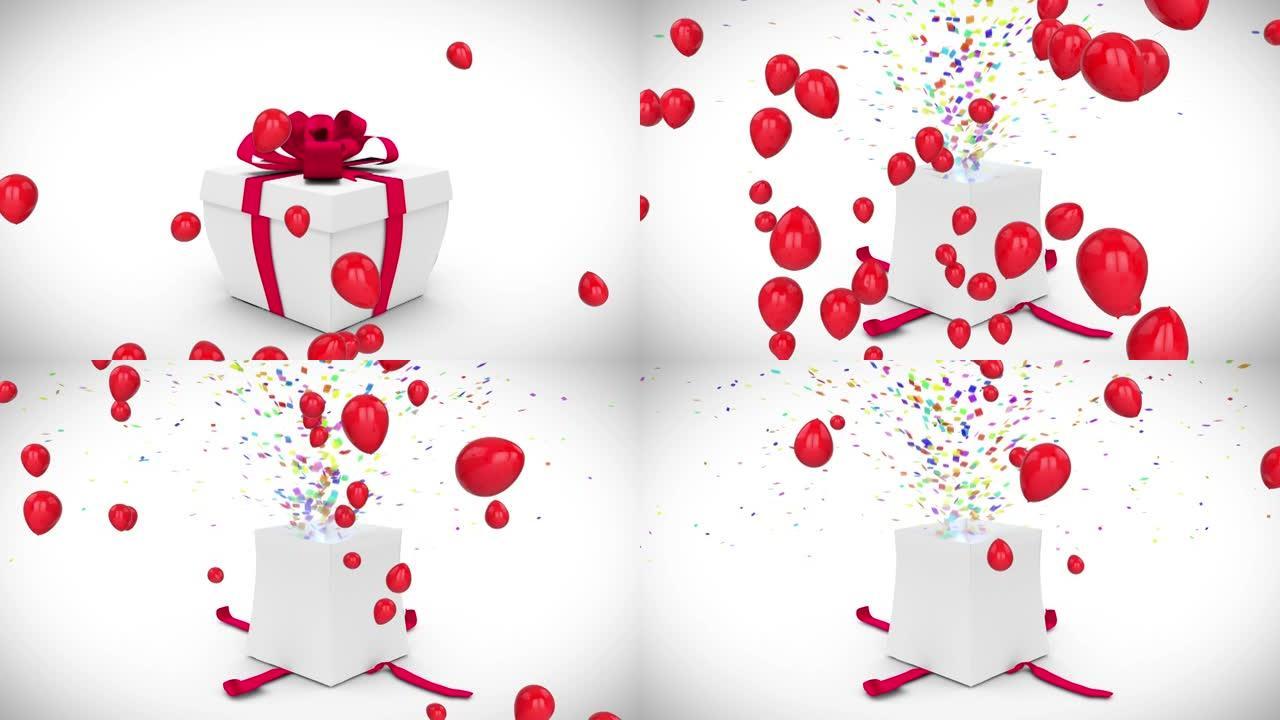 白色礼品盒开口释放彩色五彩纸屑的红色气球动画