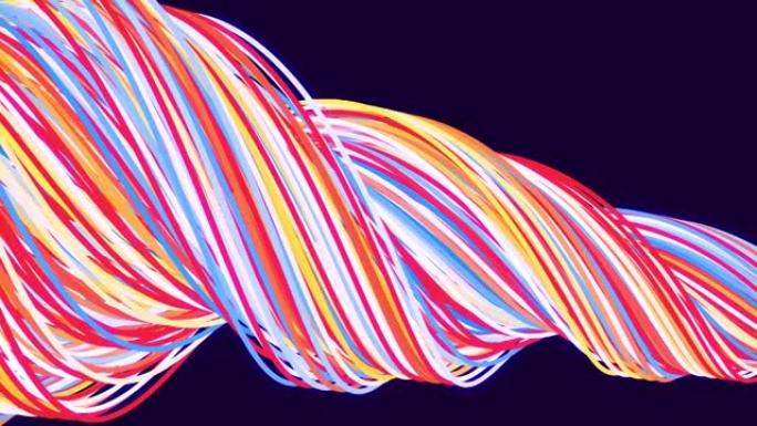 将彩色线条扭曲成螺旋的抽象bg循环旋转。循环动画作为曲线的运动设计背景。美丽的丝带。Luma哑光