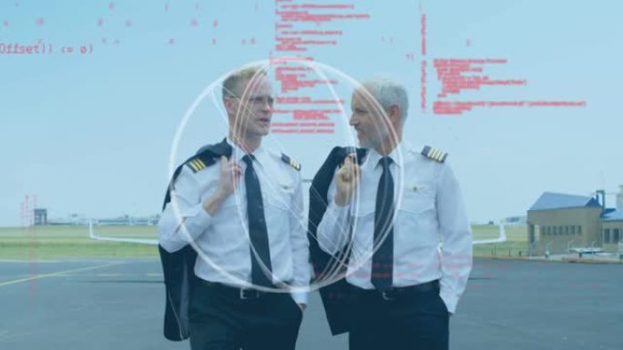 高加索人的抽象形状和数据处理两名飞行员在机场跑道上行走时交谈