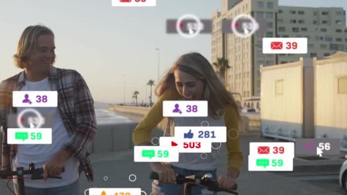 海边踏板车上快乐的高加索夫妇横幅上的社交媒体图标动画