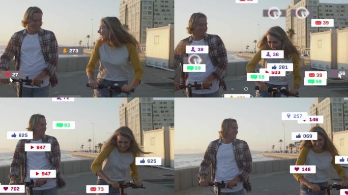 海边踏板车上快乐的高加索夫妇横幅上的社交媒体图标动画