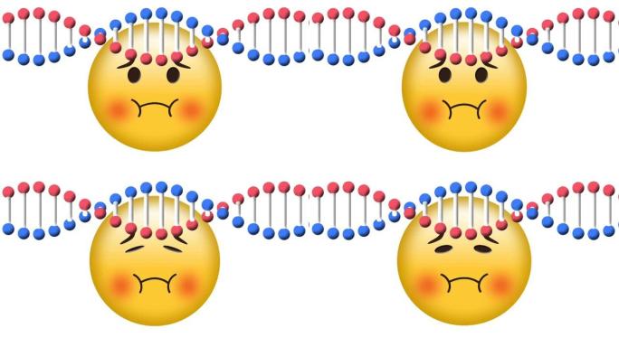 dna结构的数字动画在白色背景下在生病的表情符号上旋转