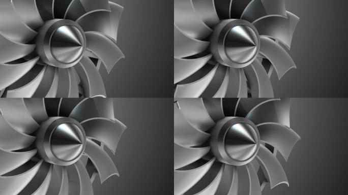3D渲染喷气发动机，特写视图喷气发动机叶片。旋转喷气发动机前风扇的特写镜头。可循环的3D动画。