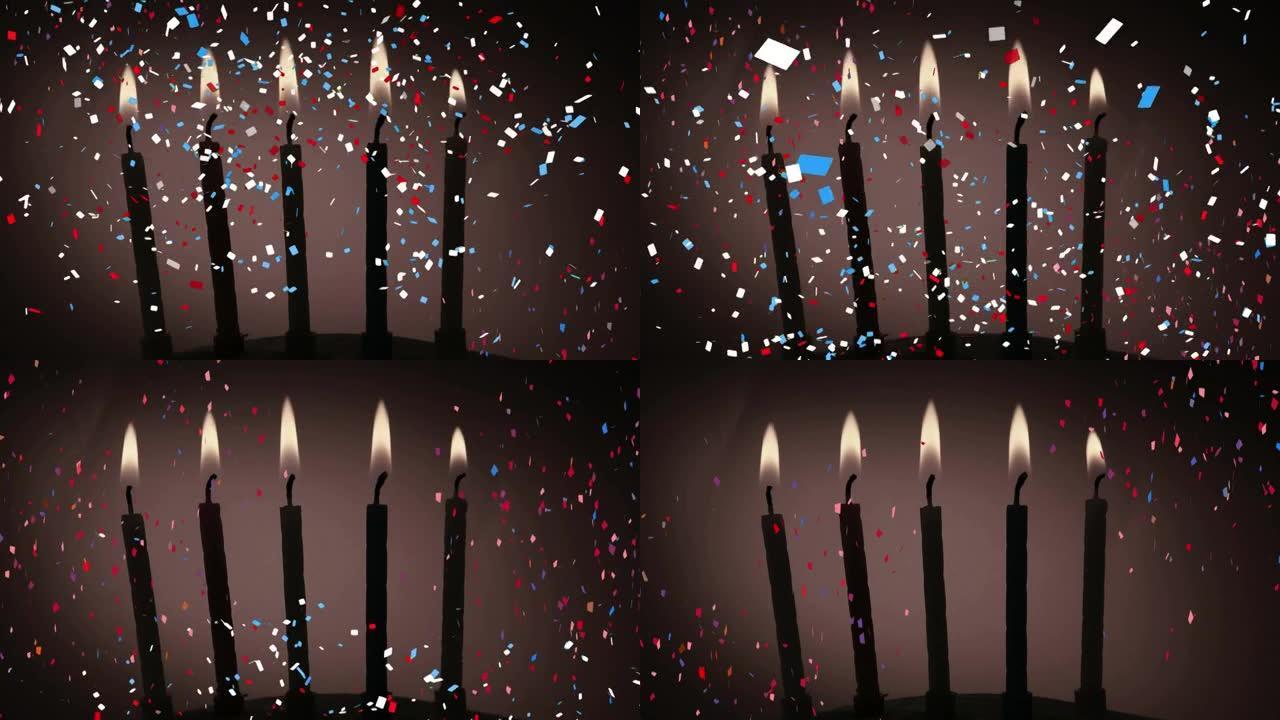 彩色纸屑落在燃烧的蜡烛在灰色背景下的数字构图