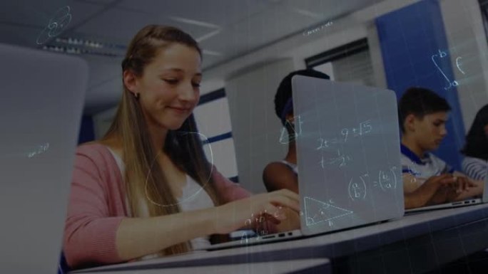 在小学使用笔记本电脑漂浮在白人女孩身上的数学方程式