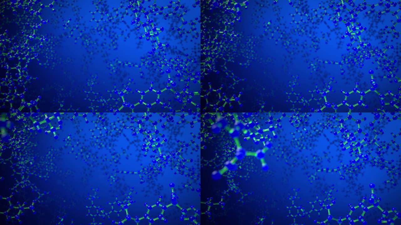 氢分子或原子，科学或医学背景的抽象结构。清澈的蓝色水。化学模型连接原子的概念。3d渲染动画