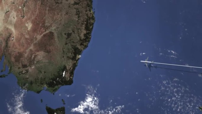 地图上飞往澳大利亚悉尼的飞机路线