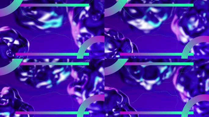 紫色和绿色的线条和环在紫色上漂浮的液体气泡上的动画
