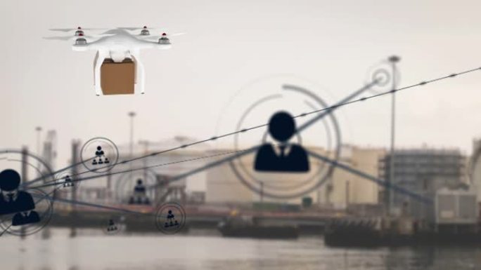 无人机上的配置文件图标网络在背景中携带港口的交货箱