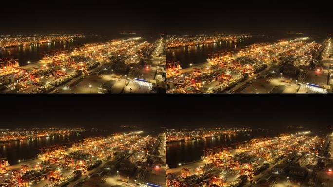 青岛港口码头夜景航拍延时拍摄