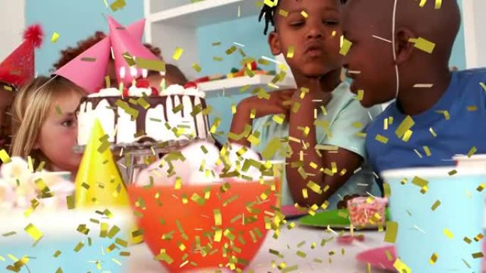 在生日聚会上，金色五彩纸屑掉落在孩子身上的动画