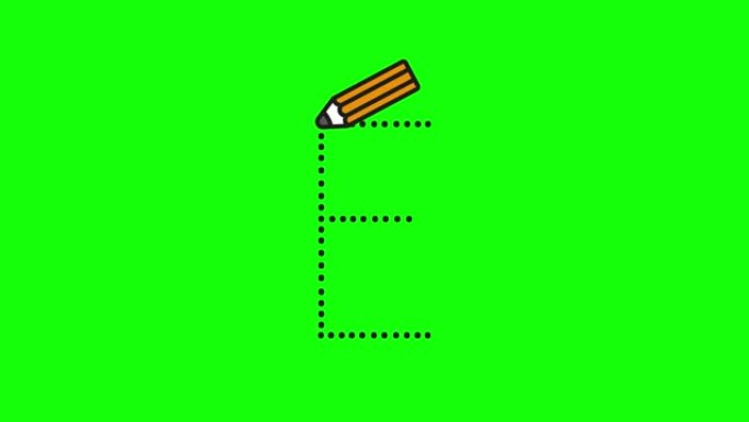 英语字母表写作教程。用隔离在绿色屏幕上的铅笔跟踪字母E。儿童连续书写字母E的动画字母样本