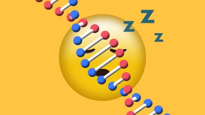 在黄色背景上昏昏欲睡的表情符号上旋转的dna结构数字动画