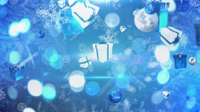 蓝色背景上落下的礼物、圣诞小玩意和雪花的动画