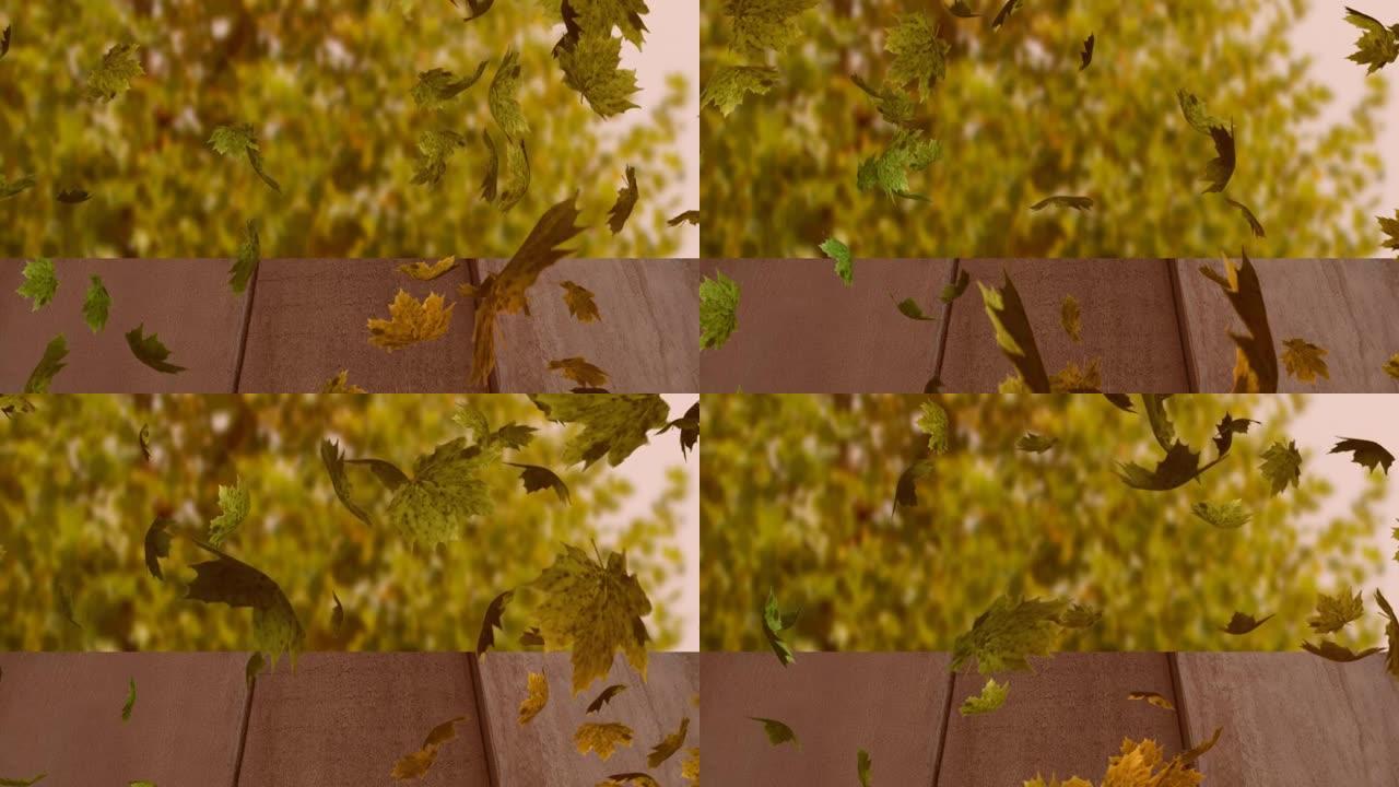 多片秋叶漂浮在木质表面上对抗森林的数字动画