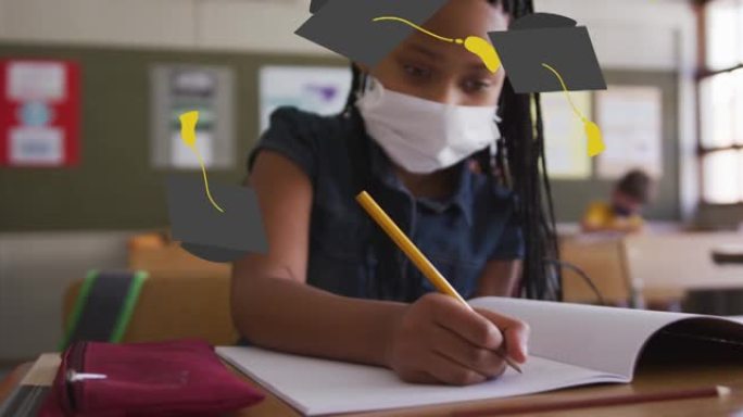 毕业礼帽图标反对戴着口罩的非裔美国女孩在小学学习