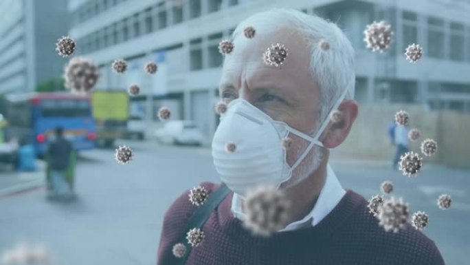 戴口罩男子的covid 19病毒细胞动画
