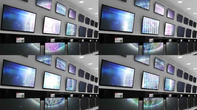 电子商店的内部，在多台电视的屏幕上播放同步视频